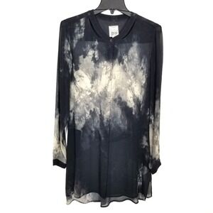 GO  by Go Silk Women 100% Silk Button Tunic Sz S Semisheer Black Beige Blouse